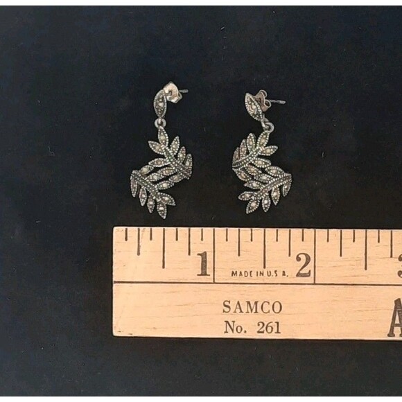 Vintage Estate Sterling Silver 925 Marcasite Olive Leaf Dangling Drop Earrings - Picture 3 of 3